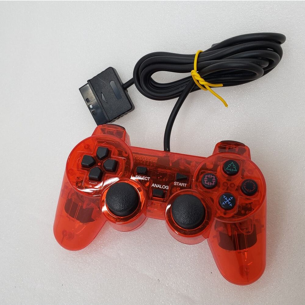 Unbranded Wired Controller for PS2, PS1, Translucent Red Crystal Gamepad